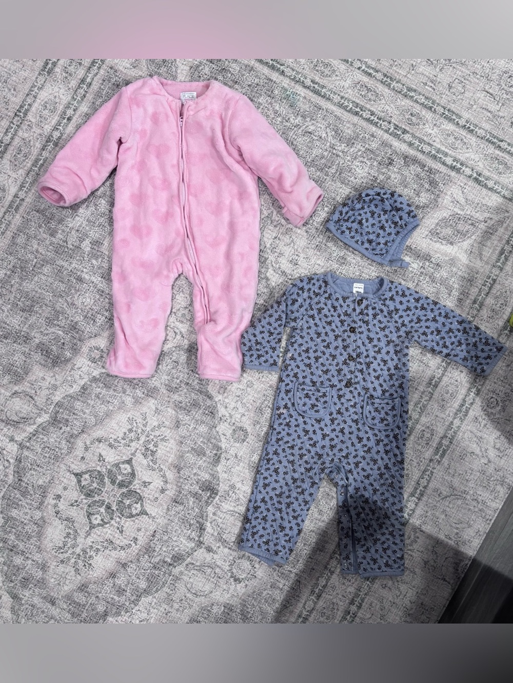 18 Month Baby Winter Bundle - Pink Fleece Footed One-Piece - Blue Flower Onsie